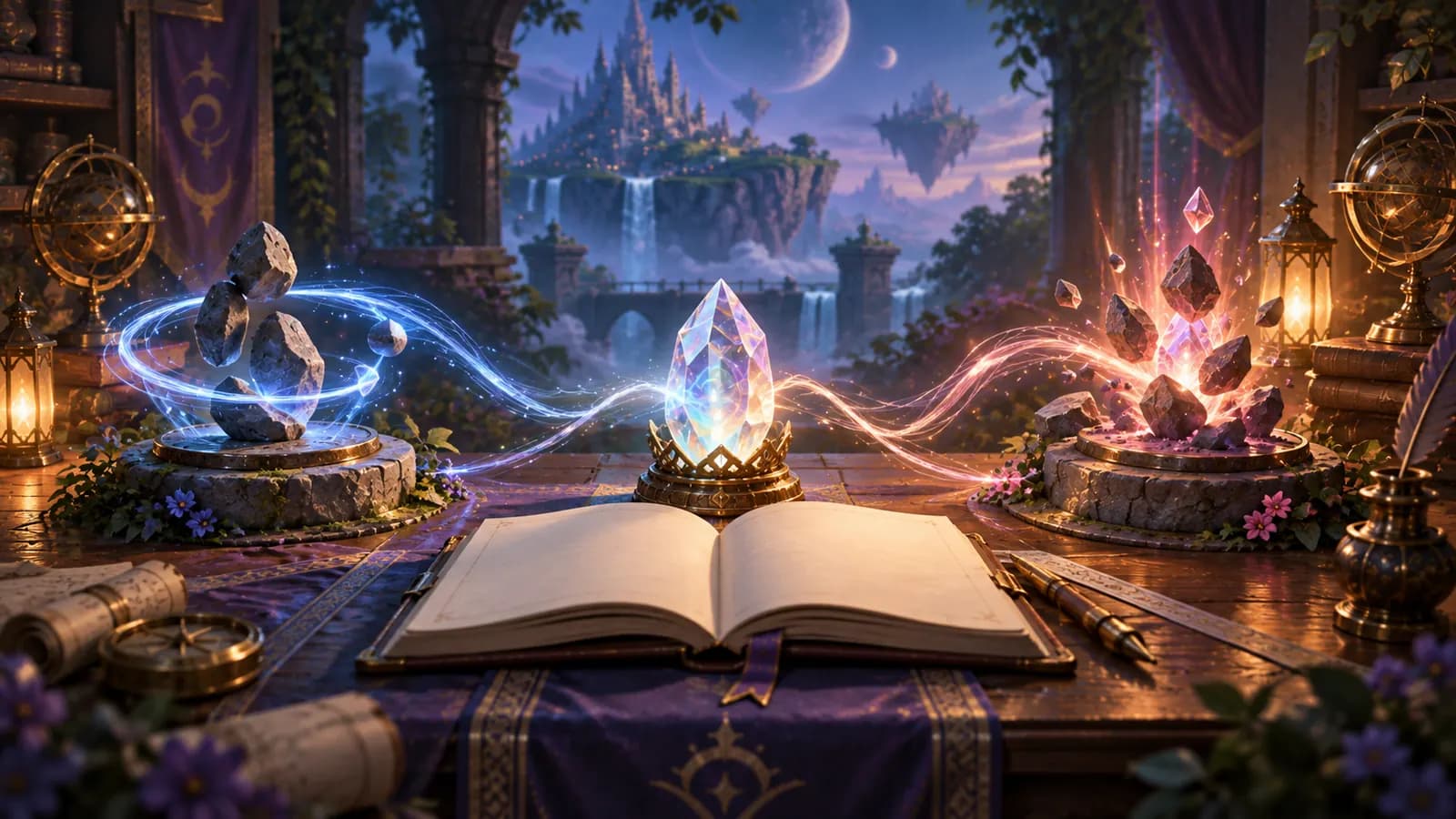 Two symbolic magical paths branching from a crystal and an open fieldbook