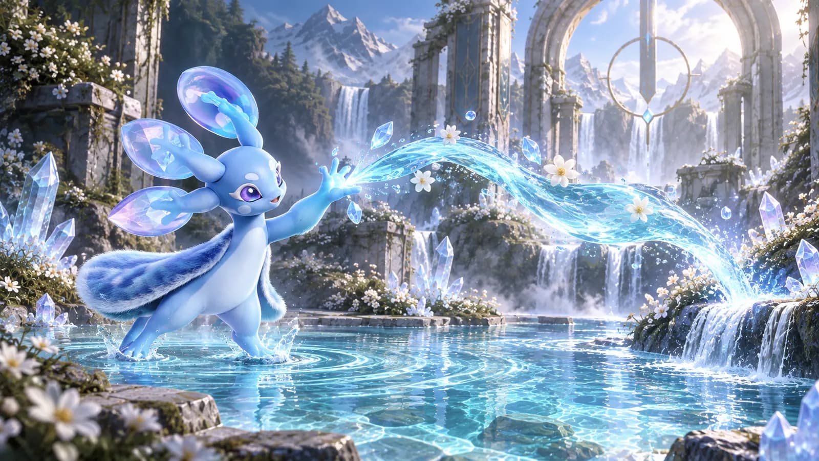 Glacy guides an arc of healing water across a crystal pool