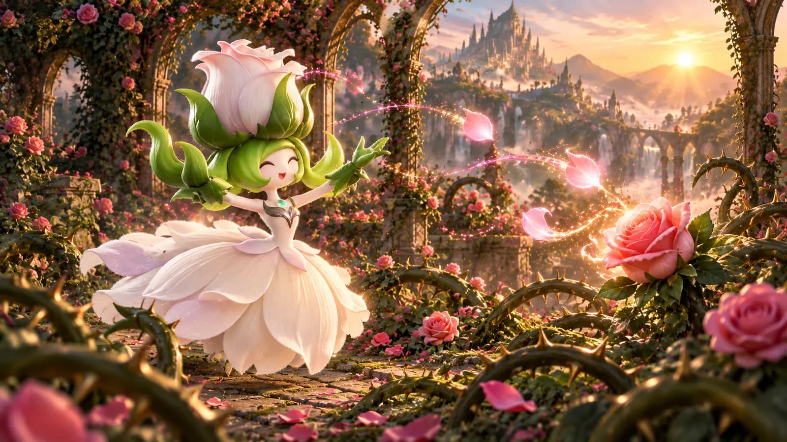 Melloblum channels pink petal sparks toward a rose among green thorn vines