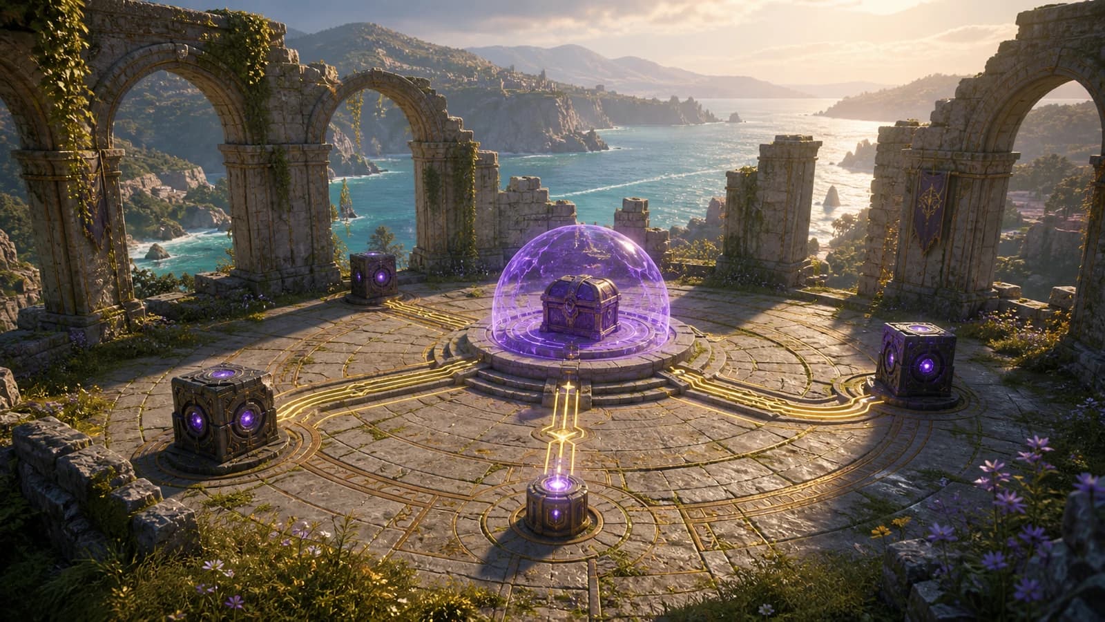 Original coastal ruin with dark relay blocks and gold floor circuits converging on a raised chest under a violet shield