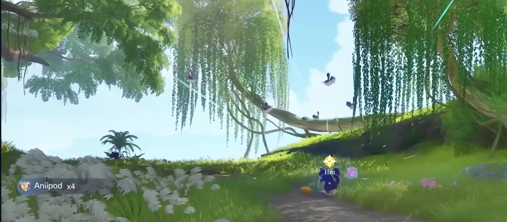 Willow grove in Idyll with small Aniimo perched on branches and an Aniipod x4 pickup notice in the corner