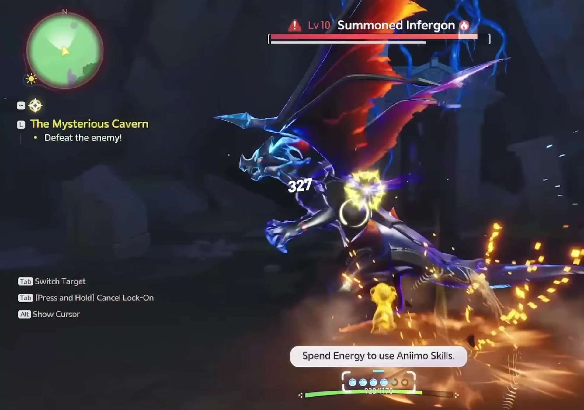 The Mysterious Cavern objective Defeat the enemy with a Lv 10 Summoned Infergon health bar and a skill energy prompt