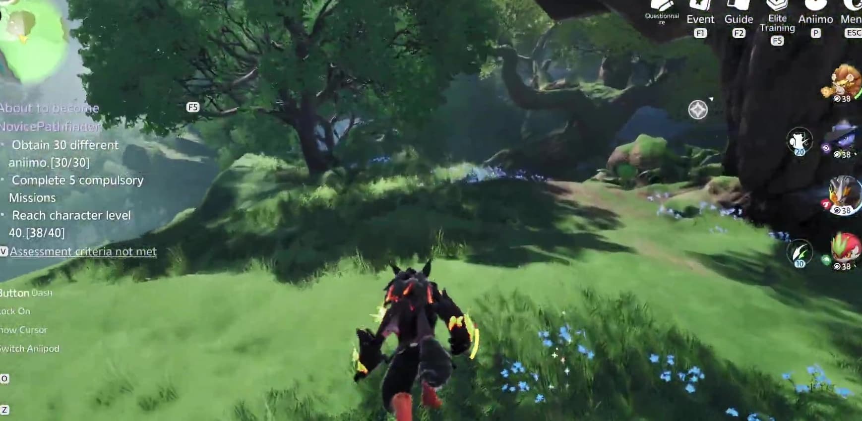 A twined fire creature sprints through a forest path with the Hustle action visible in the lower-right game interface