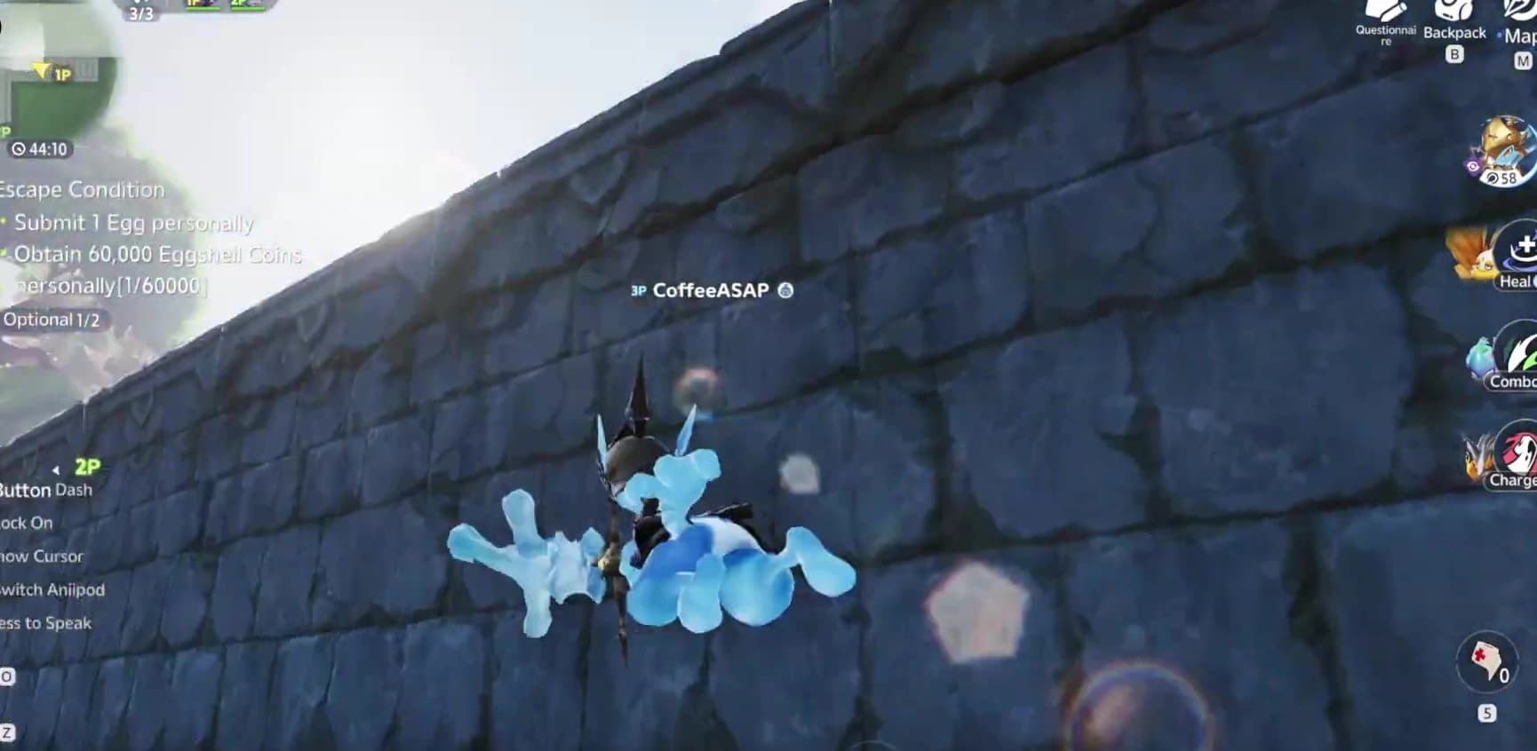 A blue sword-wielding creature hangs against a stone wall after using a grappling movement action during a multiplayer match