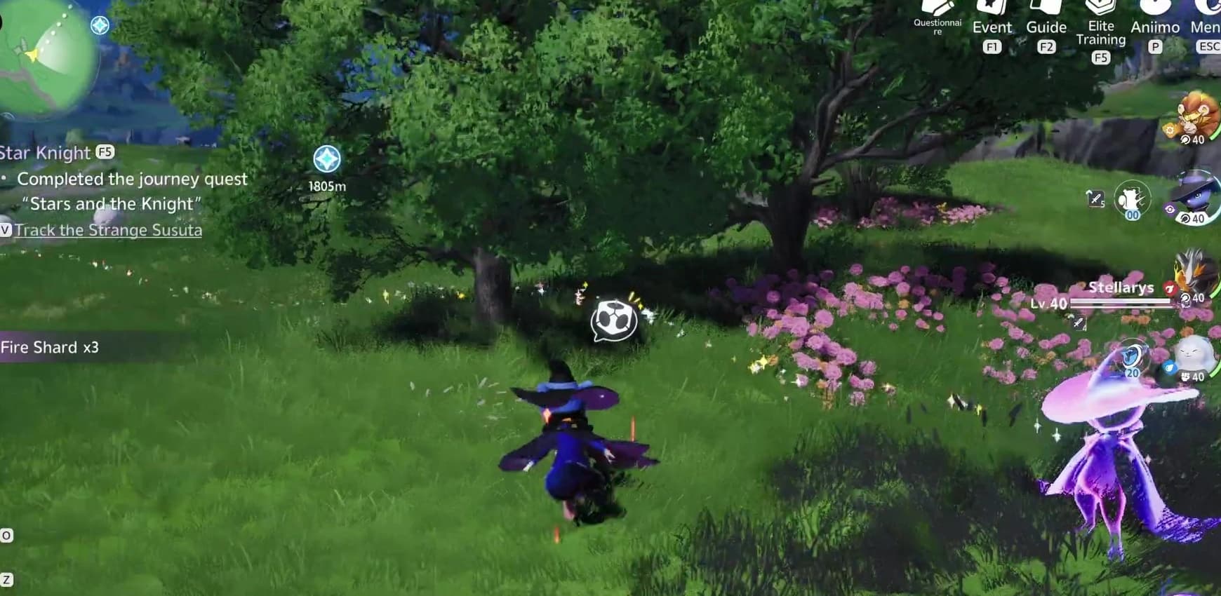 A dark ranged creature moves through a flowered field while a glowing purple clone stands to the right beside the active team interface
