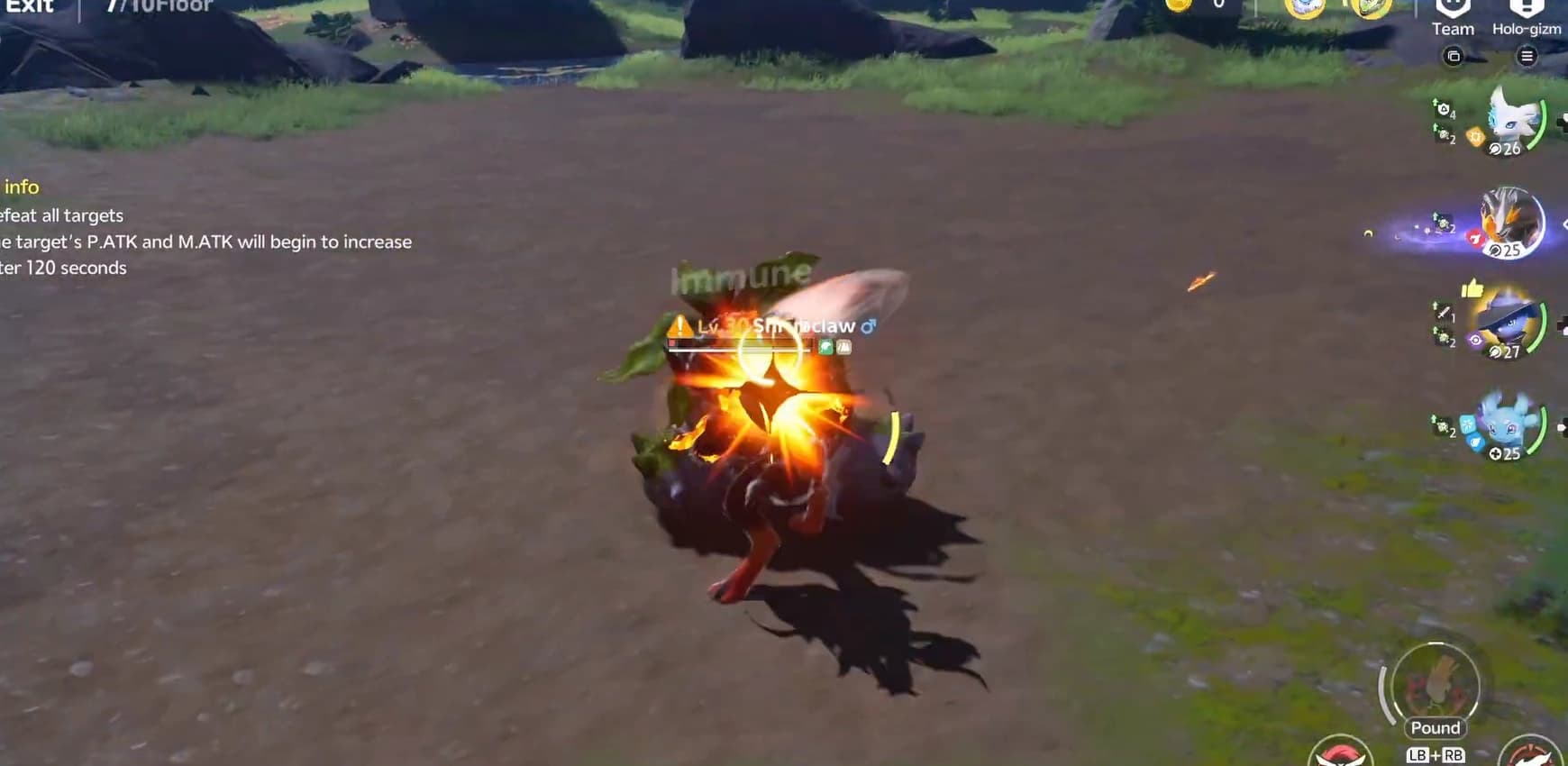 A fire attacker strikes a wild target while four different party portraits and status icons remain visible along the right side of the battle interface