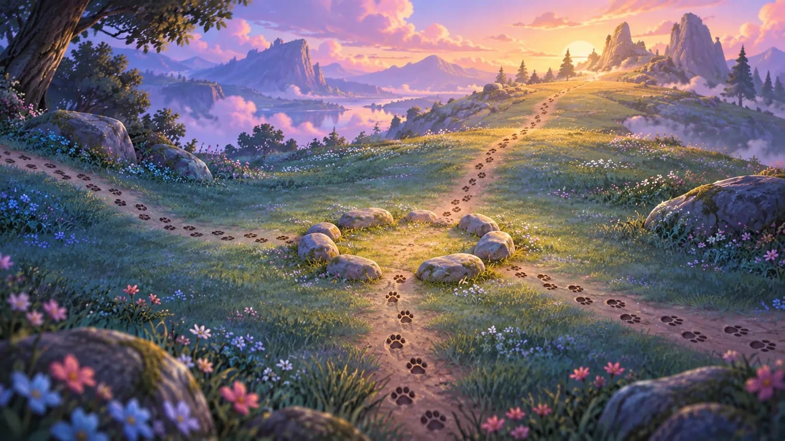 A dusk clearing with a ring of stones, three sets of animal tracks converging on it and a fourth set leading away toward a distant sunlit ridge