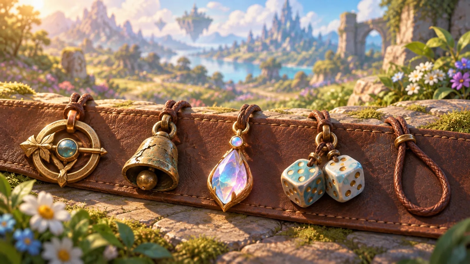 Four small carried charms laid on worn leather in raking light, one visibly older and better handled, beside a fifth empty cord loop