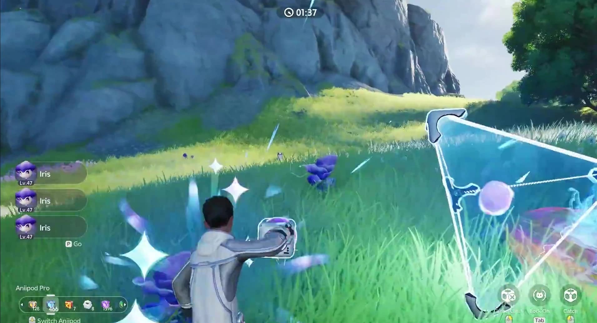 A Pathfinder throws an Aniipod Pro at a wild Aniimo mid-catch, the same throw every Alpha-hunting achievement is built on