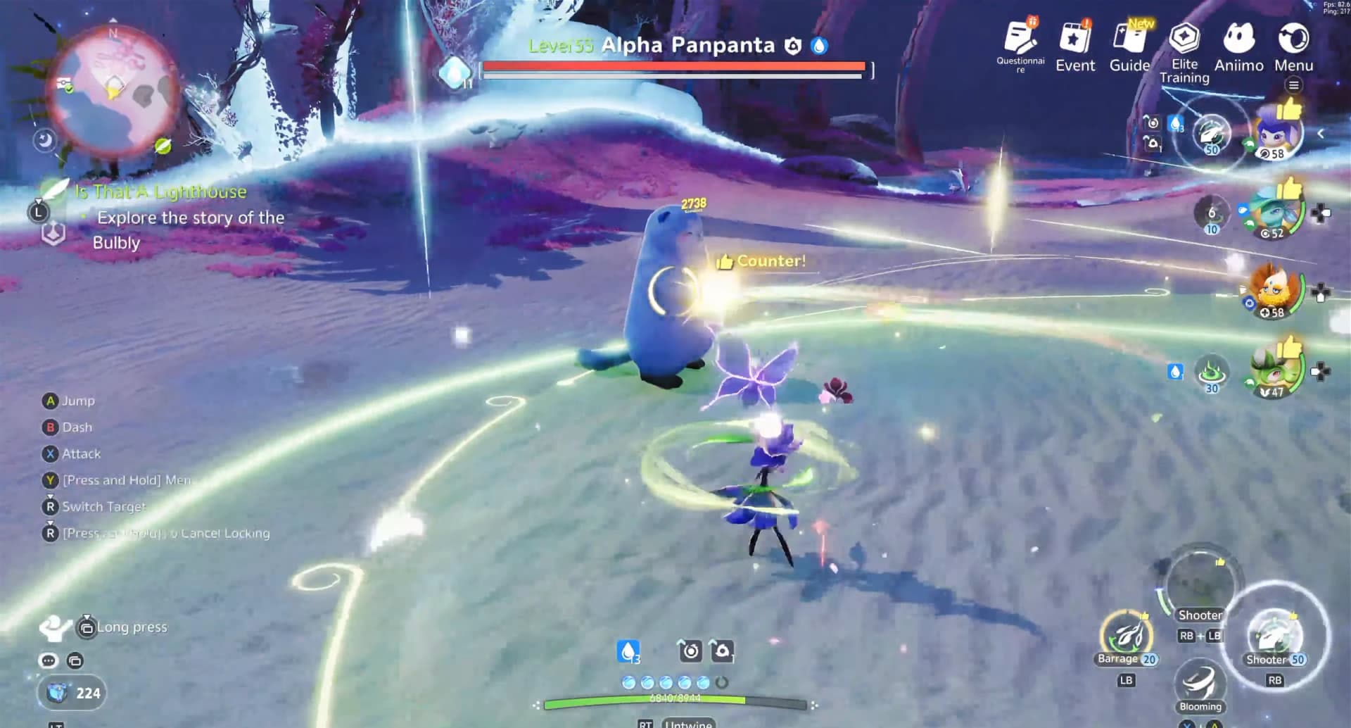 Irisal stands inside overlapping team fields before attacking an Alpha Panpanta with setup effects active