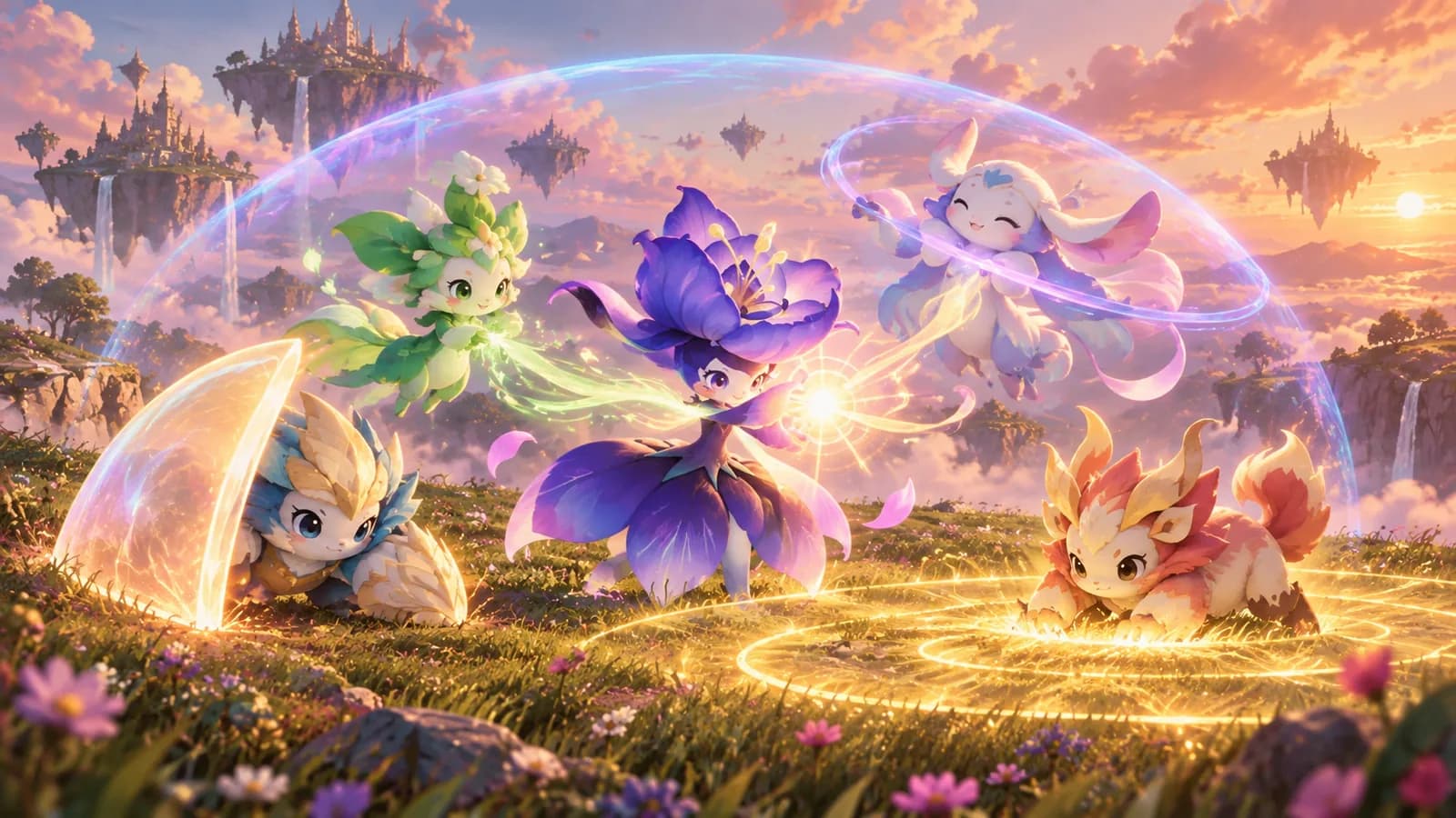 Five creatures around one lit central attacker on a battle plateau, each engaged in a different job