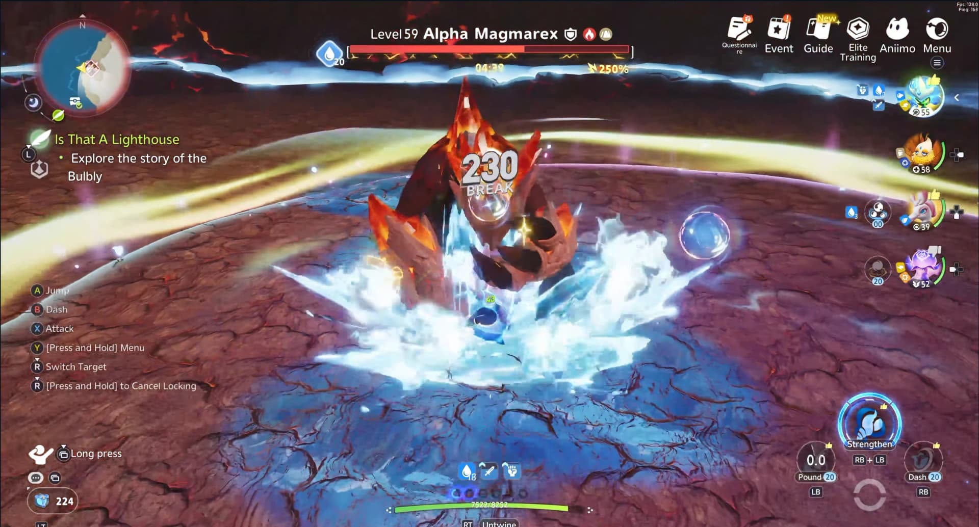 Sherro lands a water-charged slam on Alpha Magmarex while puddles remain under the target