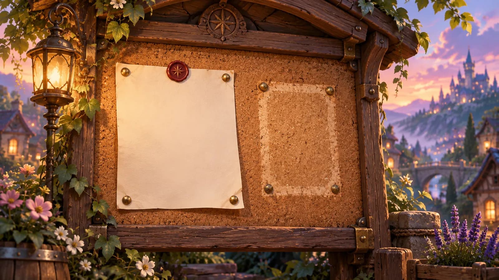 A noticeboard under a wooden awning at dusk with one freshly pinned sheet and the sun-bleached outline of an older removed sheet behind it