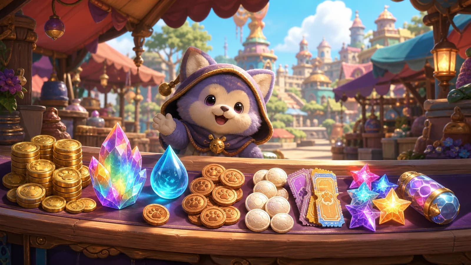 A cheerful fantasy market displays glowing coins, crystal tokens, training passes and capsule vouchers across several themed shop stalls