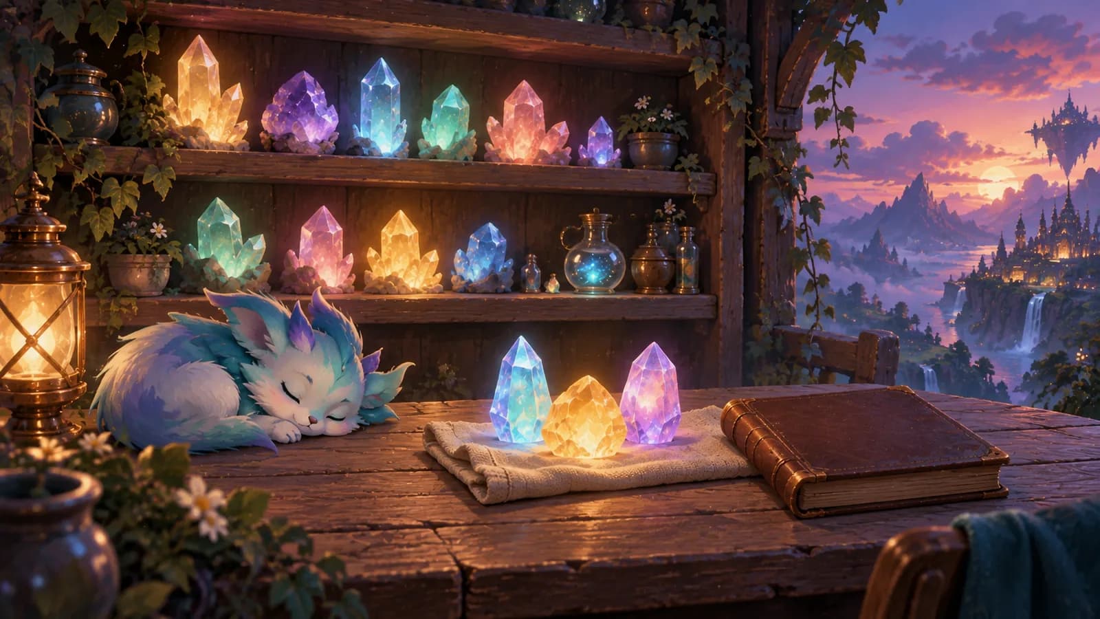A dusk shelf holding a small stock of crystals with three set apart on a cloth and a creature asleep in front of it