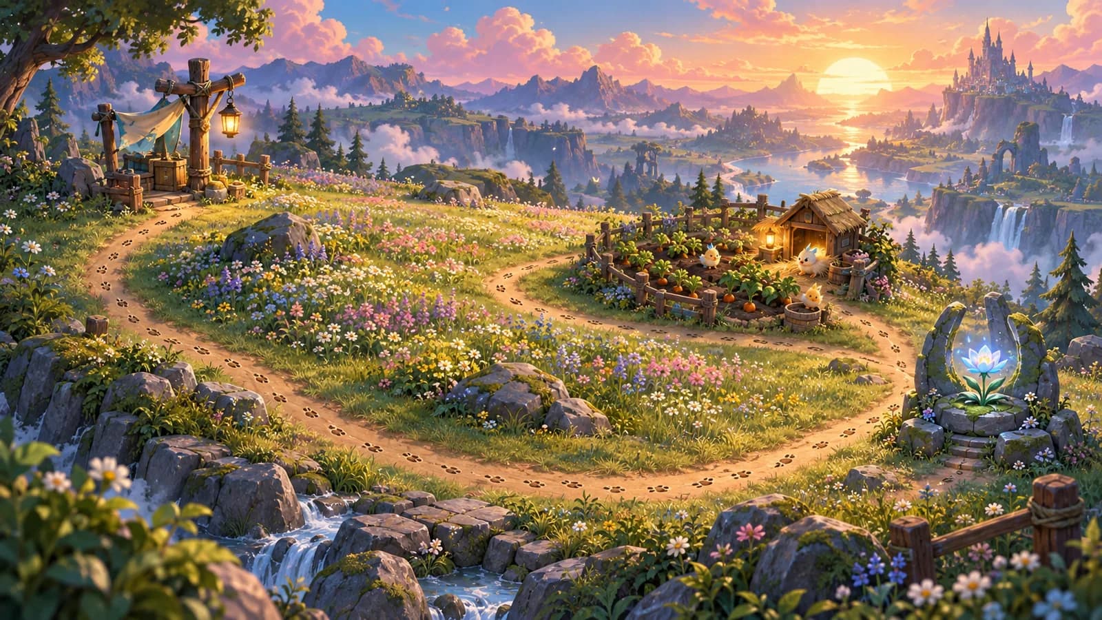 A dawn circuit showing a claim post, open field, crop plot with a hatchery lamp and a branch shrine, with one set of tracks running through all of them