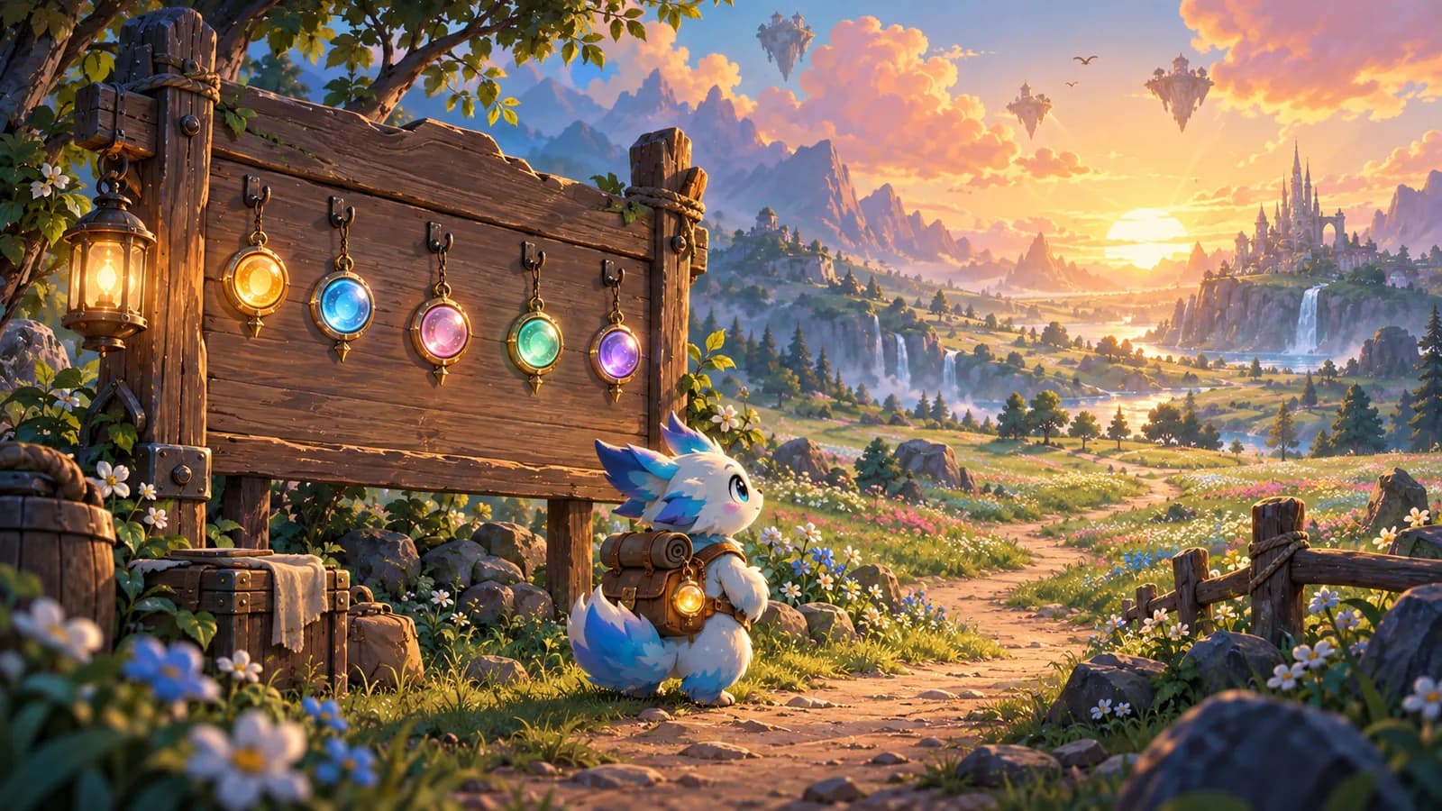 A camp noticeboard at dawn with finished tokens still hanging on their hooks and a small creature looking back down the path