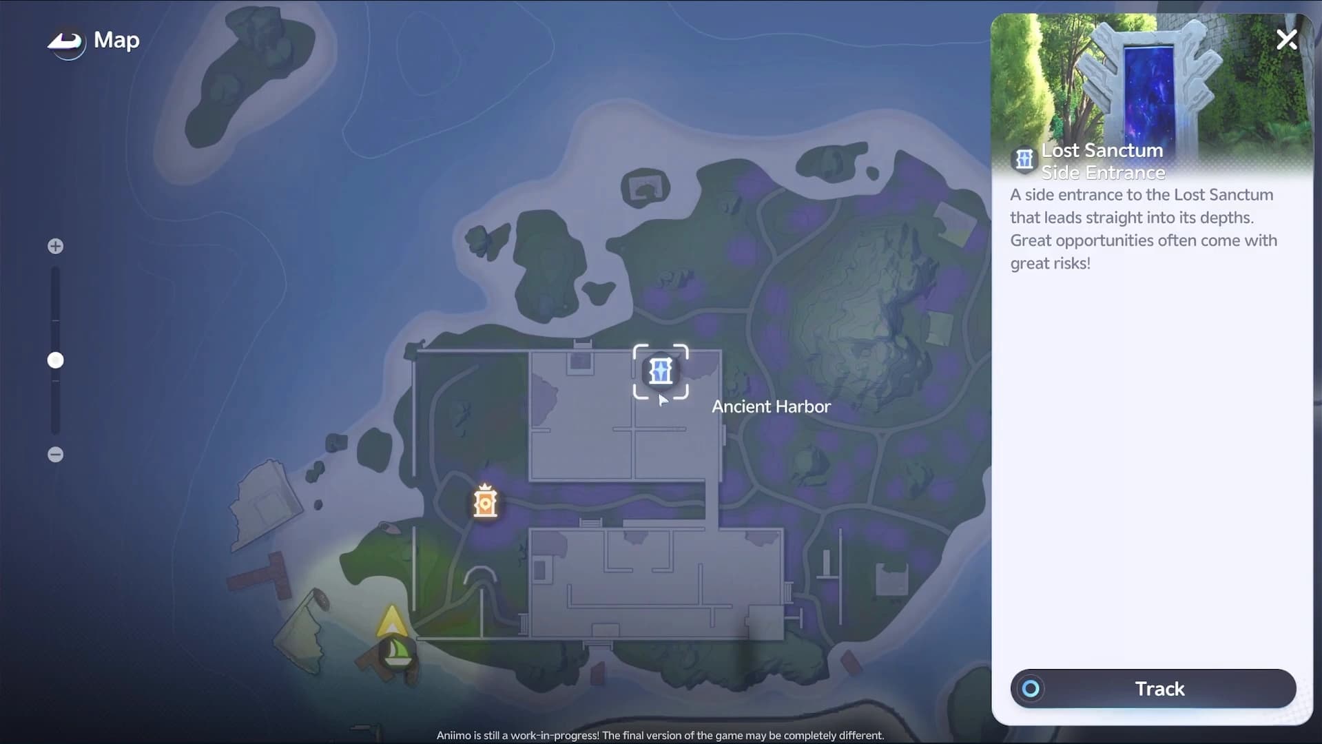 Lost Isles map with the Egg Boat spawn beach at Ancient Harbor and the Lost Sanctum side entrance selected for tracking