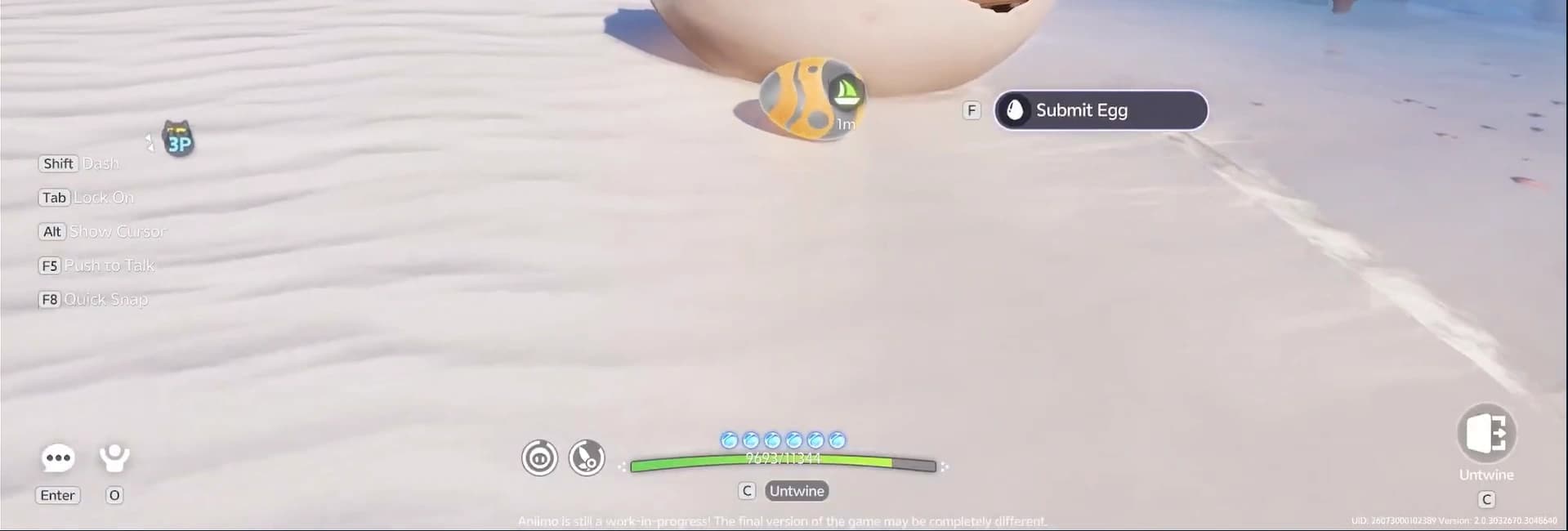 A twined egg resting beside the Egg Boat on the beach with the Submit Egg prompt active
