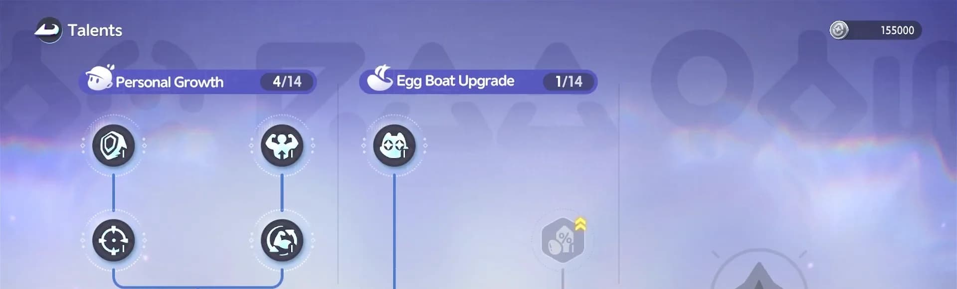 Egg Heist talent screen headed Personal Growth at 4 of 14 and Egg Boat Upgrade at 1 of 14 above an Eggshell Coin balance