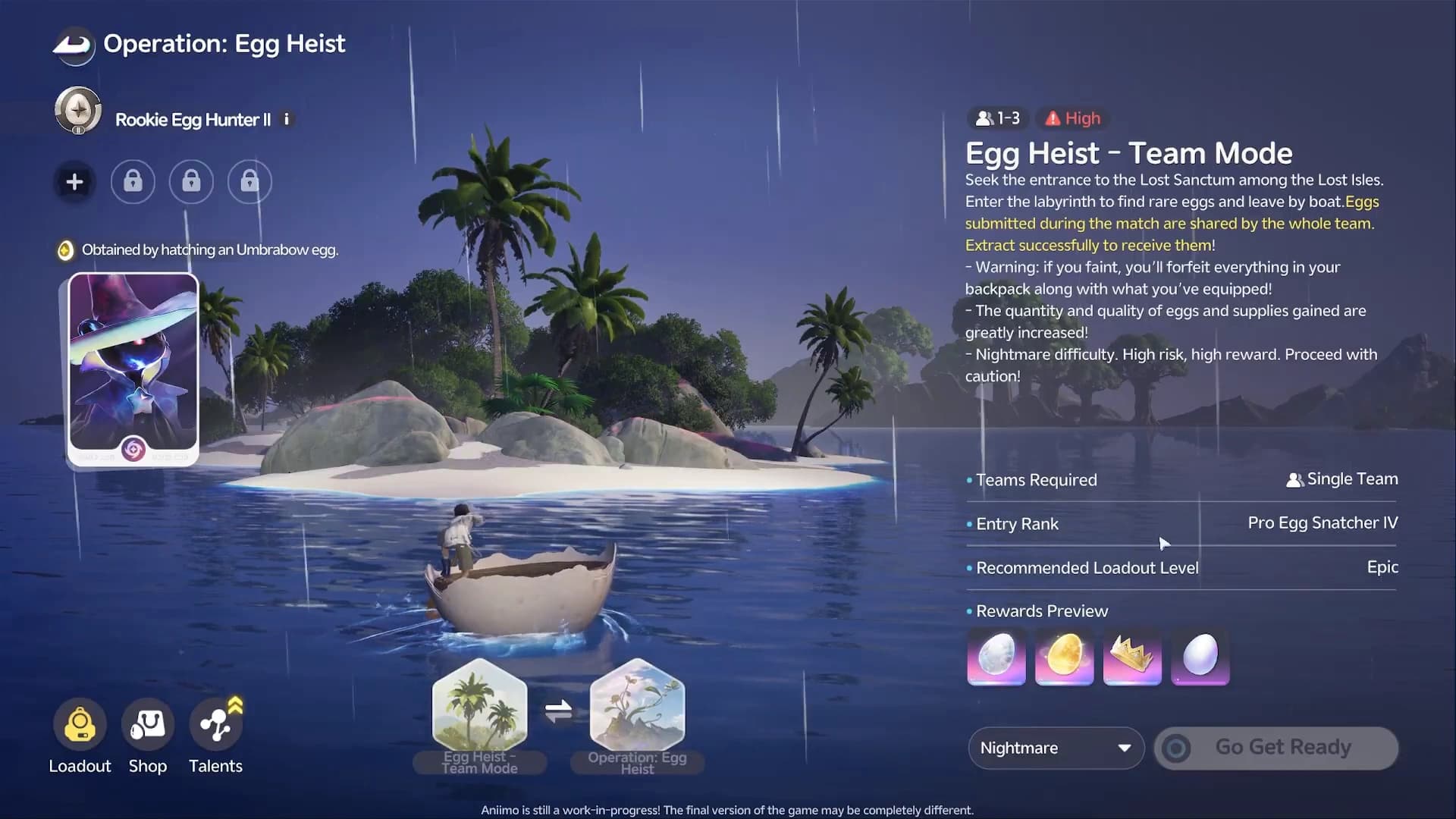 The Egg Heist Team Mode briefing on Nightmare showing the entry rank requirement and the recommended Epic loadout level