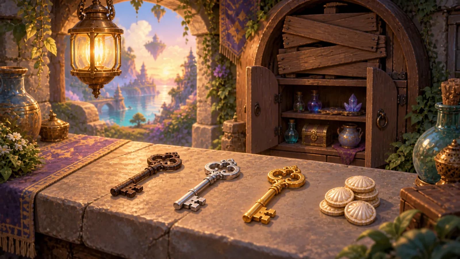 A stone vendor counter under a hanging lantern with a rusted iron key, a silver-plated key and a gilded key in a row, a stack of shell-shaped coins beside them, and a cabinet behind with its upper shelves boarded shut