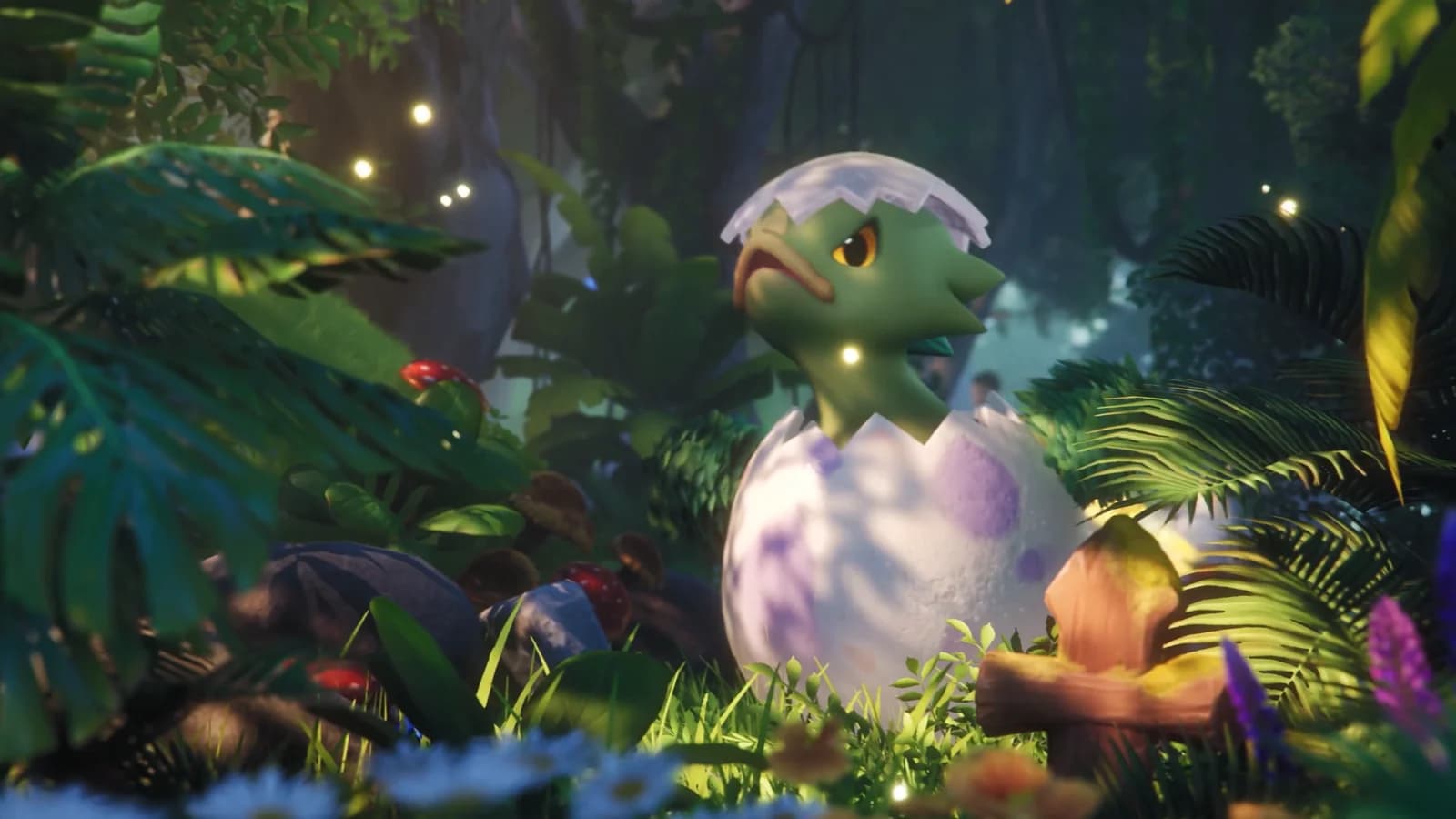 An Aniimo breaking out of a pale speckled egg in a sunlit forest clearing, shell fragments still on its head