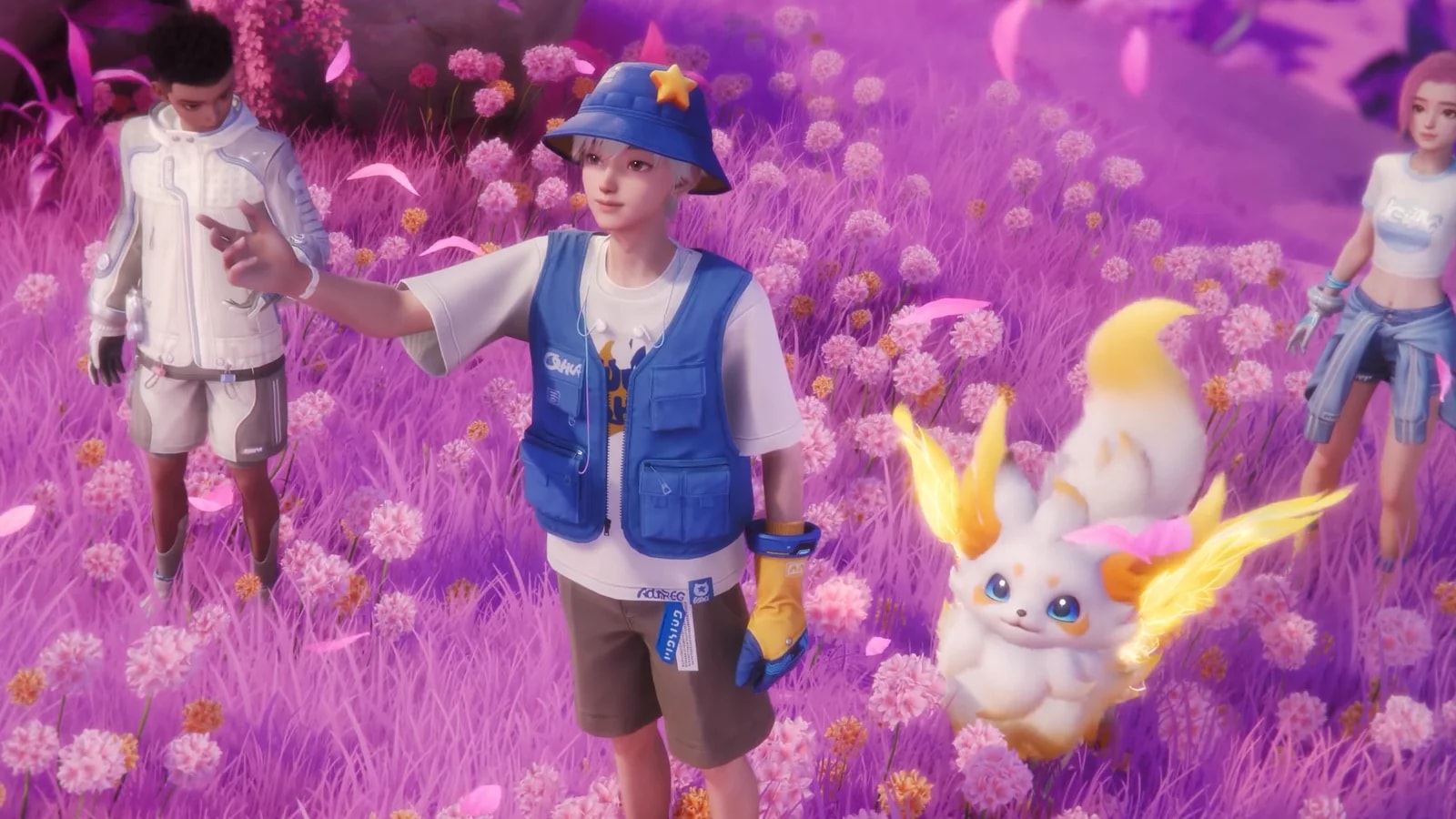 A Pathfinder points across a pink flower field while a white and gold Aniimo bounds along beside three companions
