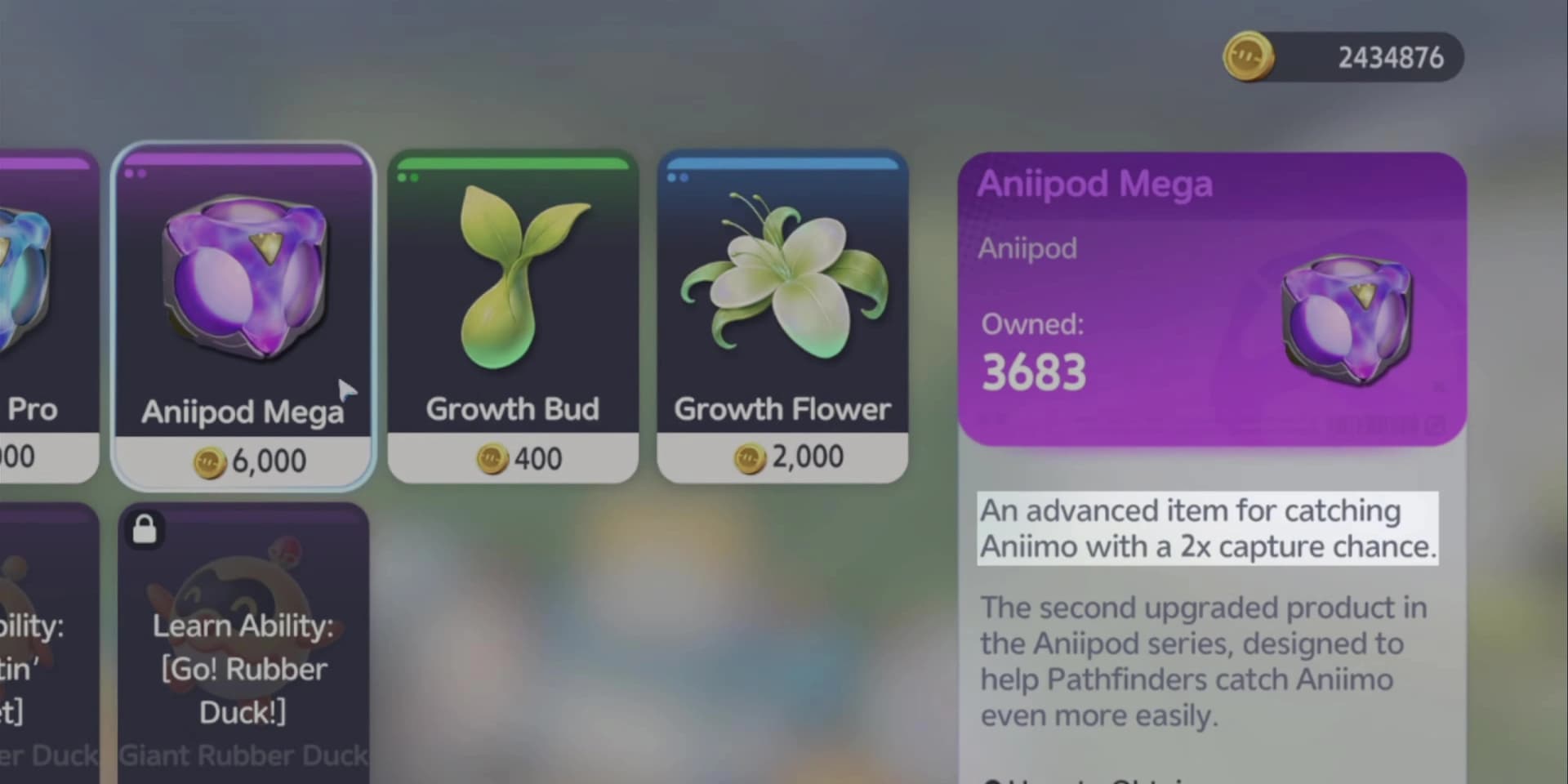 Aniipod Mega shop panel showing its catch-rate multiplier