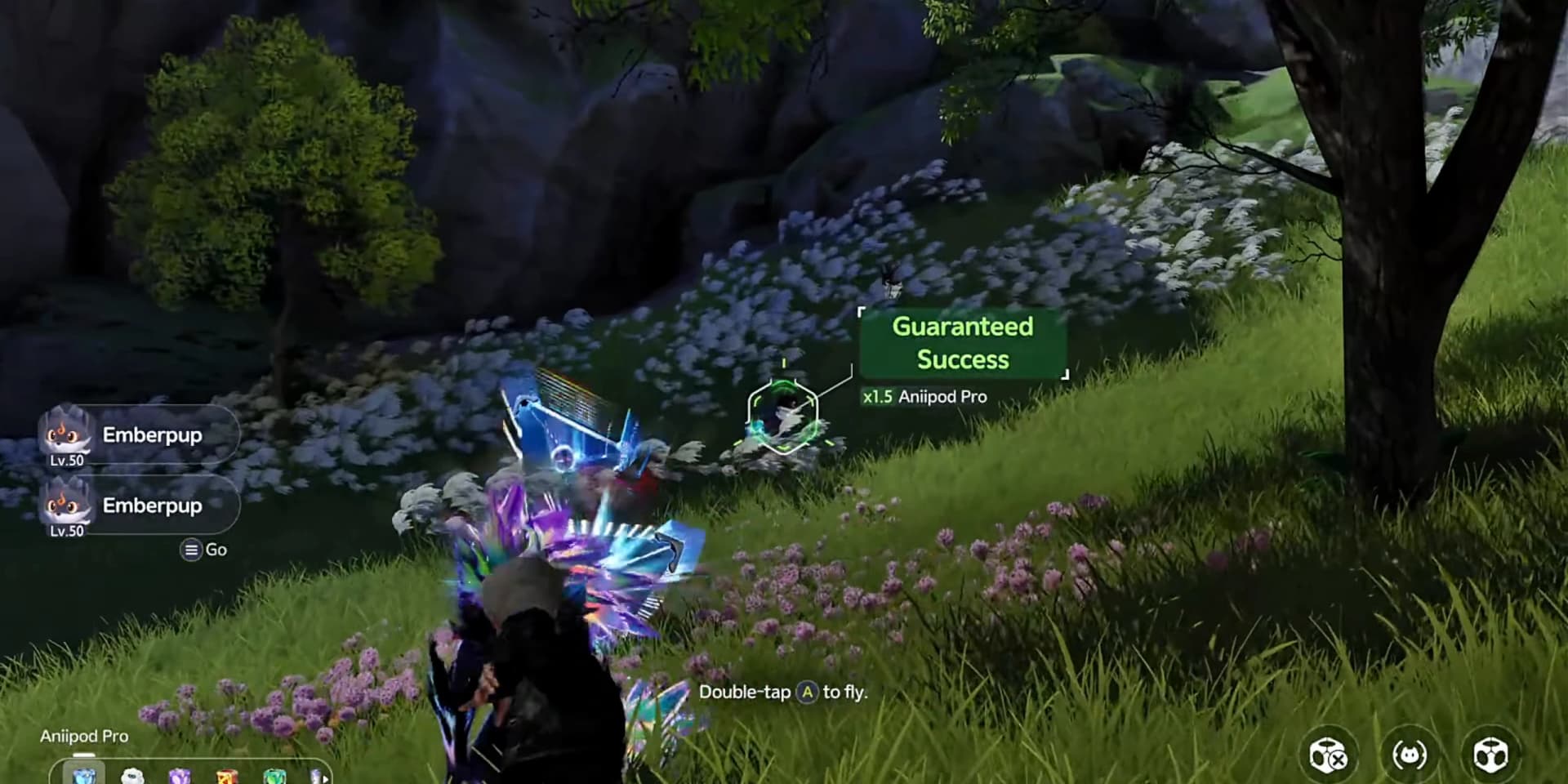Player catching Emberpup beside the white-flower clearing