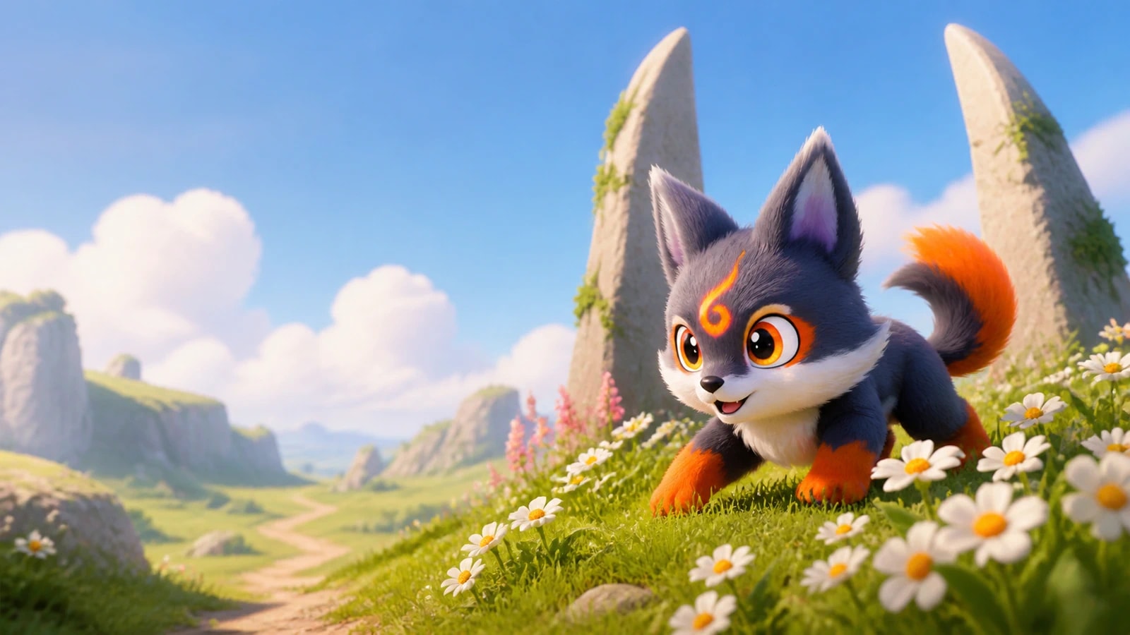 Emberpup standing among white flowers and fang-shaped rocks at Beast Fang Ridge