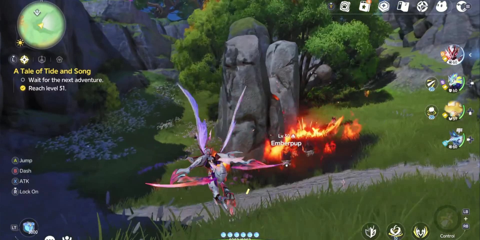 Twin fang-shaped rocks beside an Emberpup at Beast Fang Ridge