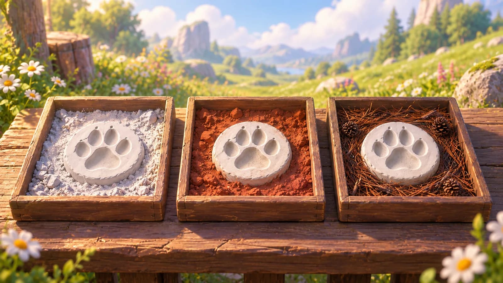 Three shallow wooden trays on a field bench, each holding an identical plaster paw-print cast, the trays filled with pale ash, red clay and dark pine needles