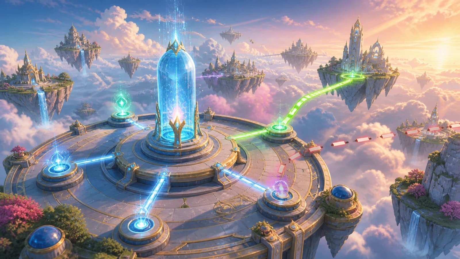 A luminous network beacon reconnects paths between colorful floating islands in an ancient-future observatory