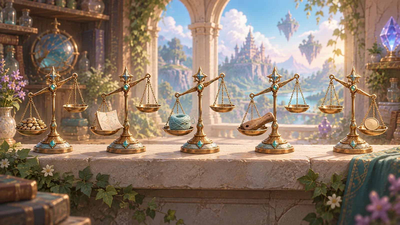 Five small balance scales in a row on a stone shelf weighing seeds, a folded chart, a coil of thread, a worn tool handle and a coin, four tipped one way and one tipped the other
