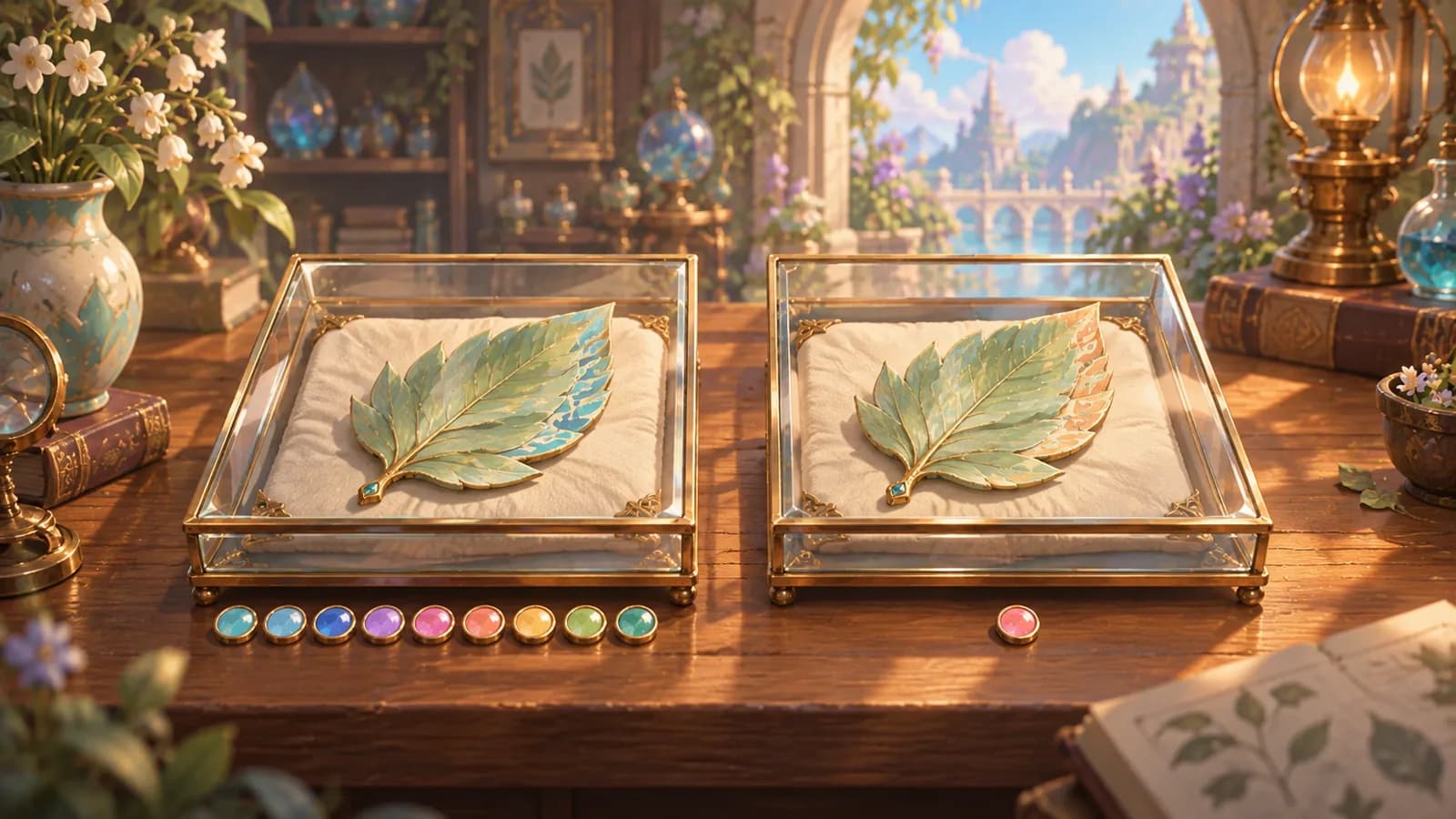 Two shallow display cases on a bench holding the same kind of pressed specimen, the left ringed with a full row of small enamel markers and the right with one, the two differing only in the banding along one edge