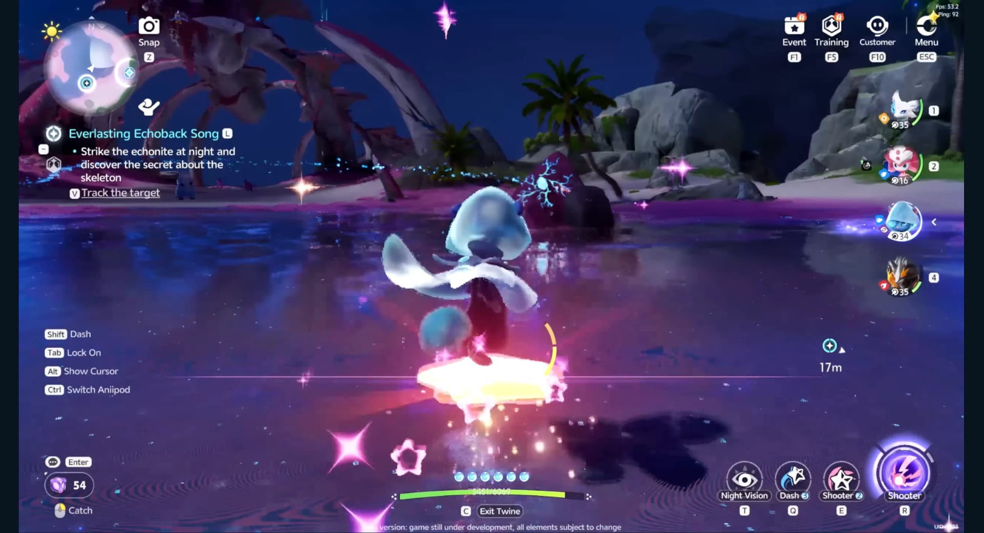 An activated Echonite with a glowing blue pattern and a blue resonance trail crossing the shoreline beneath the whale bones