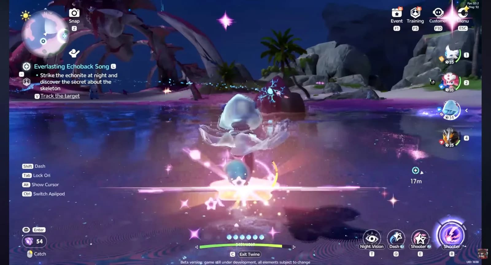 An activated Echonite with a glowing blue pattern and a blue resonance trail crossing the shoreline beneath the whale bones