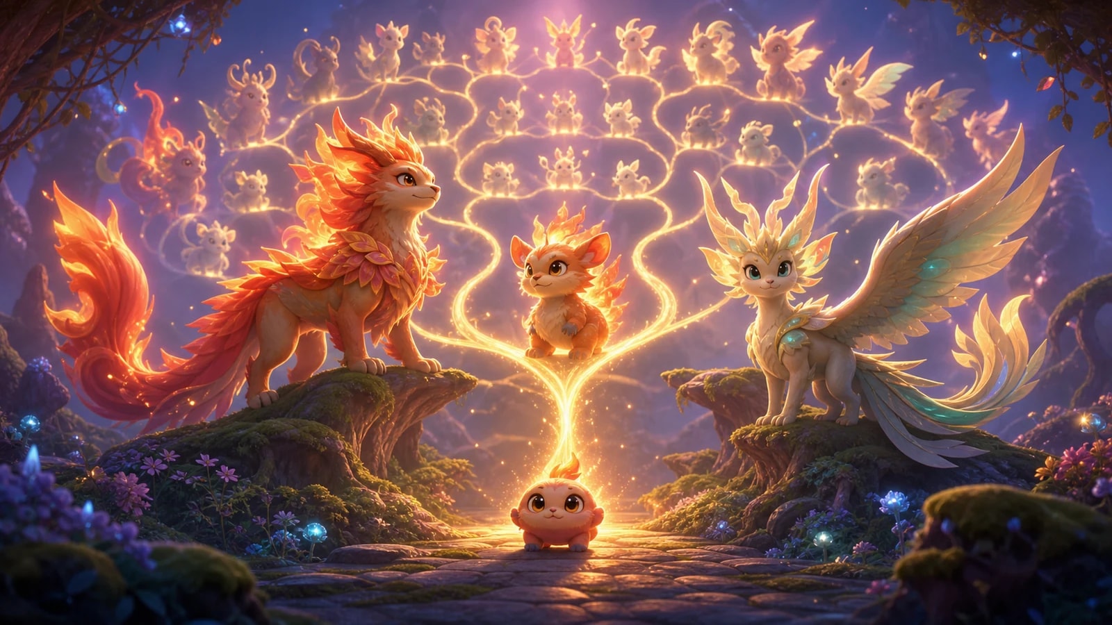 Several small companion creatures follow luminous branching paths toward larger evolved silhouettes in an enchanted grove