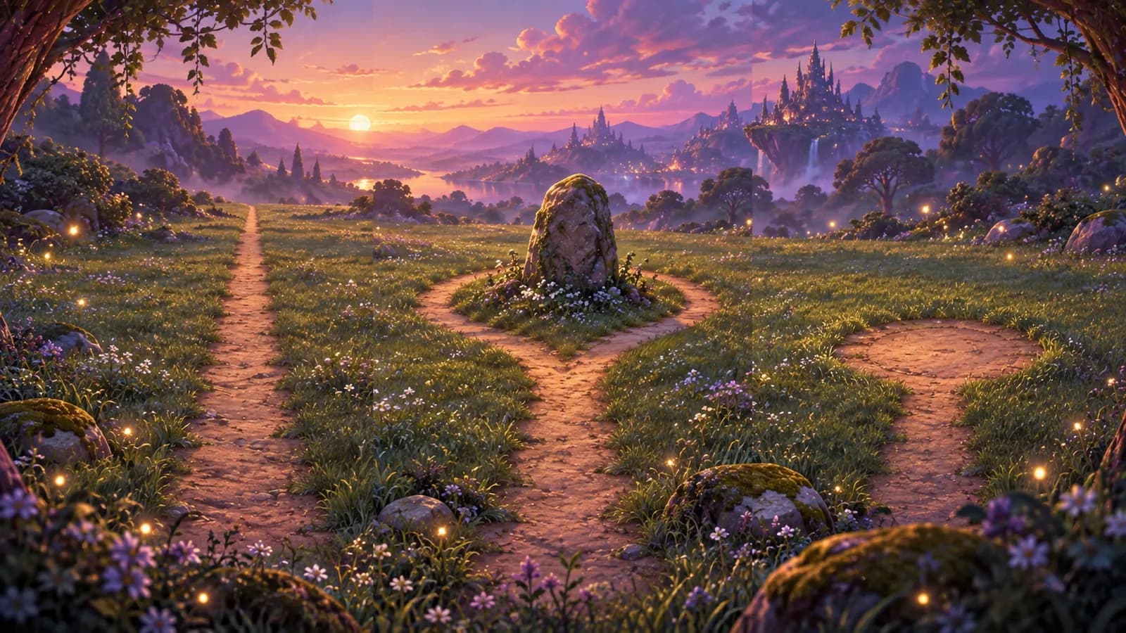A dusk clearing with three worn paths, one straight, one splitting around a standing stone, and one ending in a circle of flattened grass