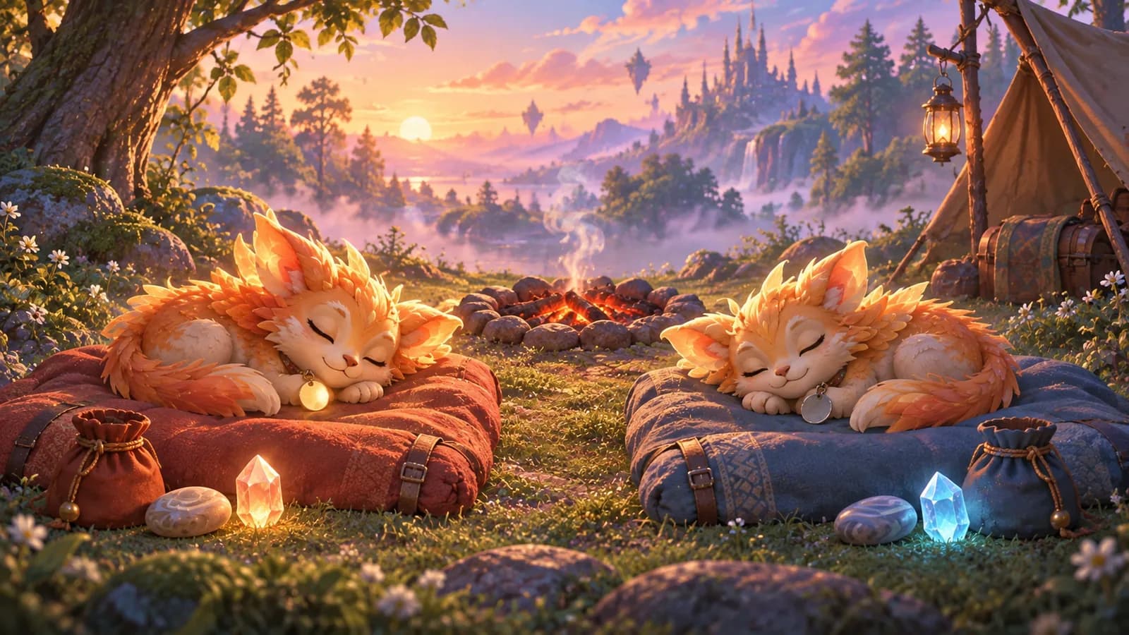 A camp at first light with two similar young creatures asleep on separate bedrolls and two separate sets of supplies laid out beside them