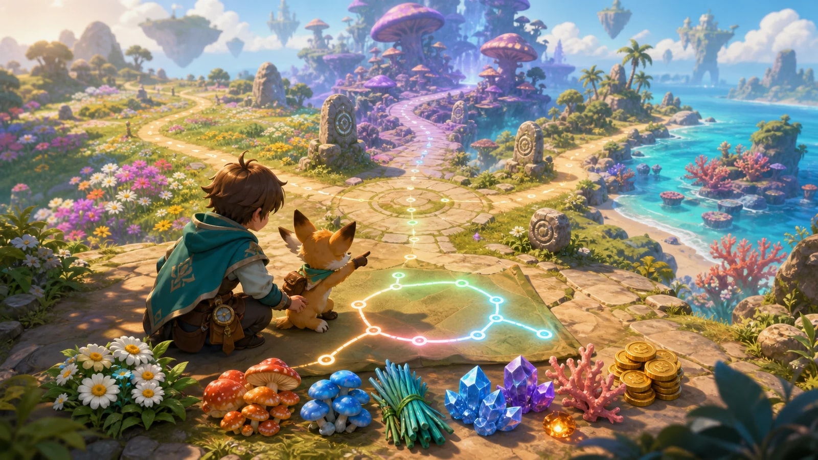 A Pathfinder and fox-like companion plan three gathering routes beside flowers, mushroom caps, grass, crystals, coral and coins