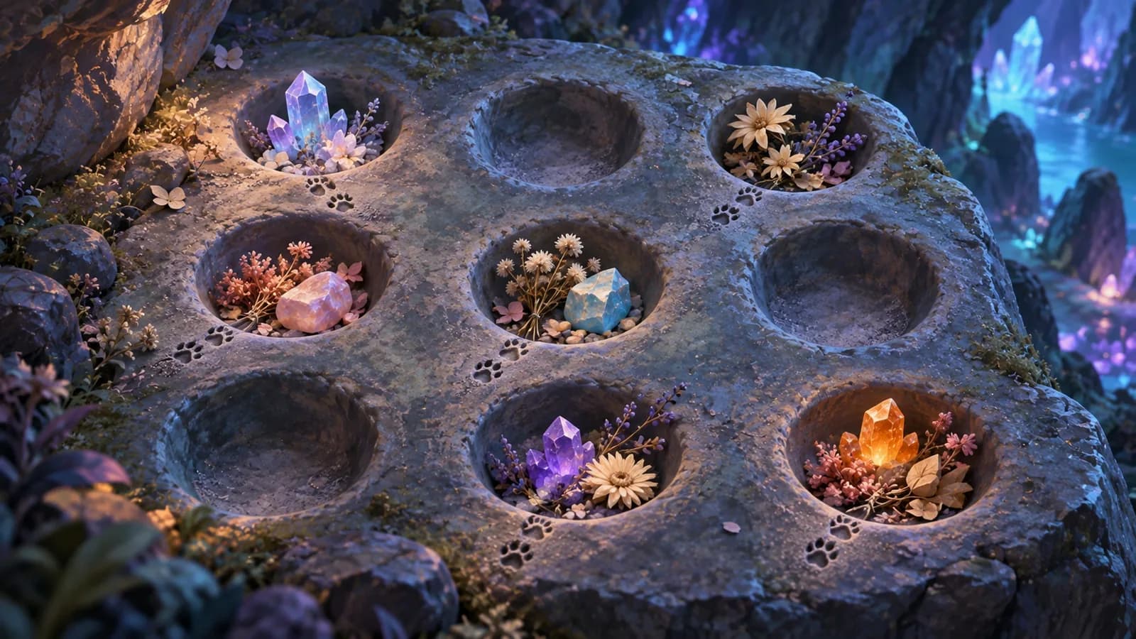 A cave shelf with nine worn hollows, six holding minerals or dried blooms and three empty, with tracks approaching only the filled ones