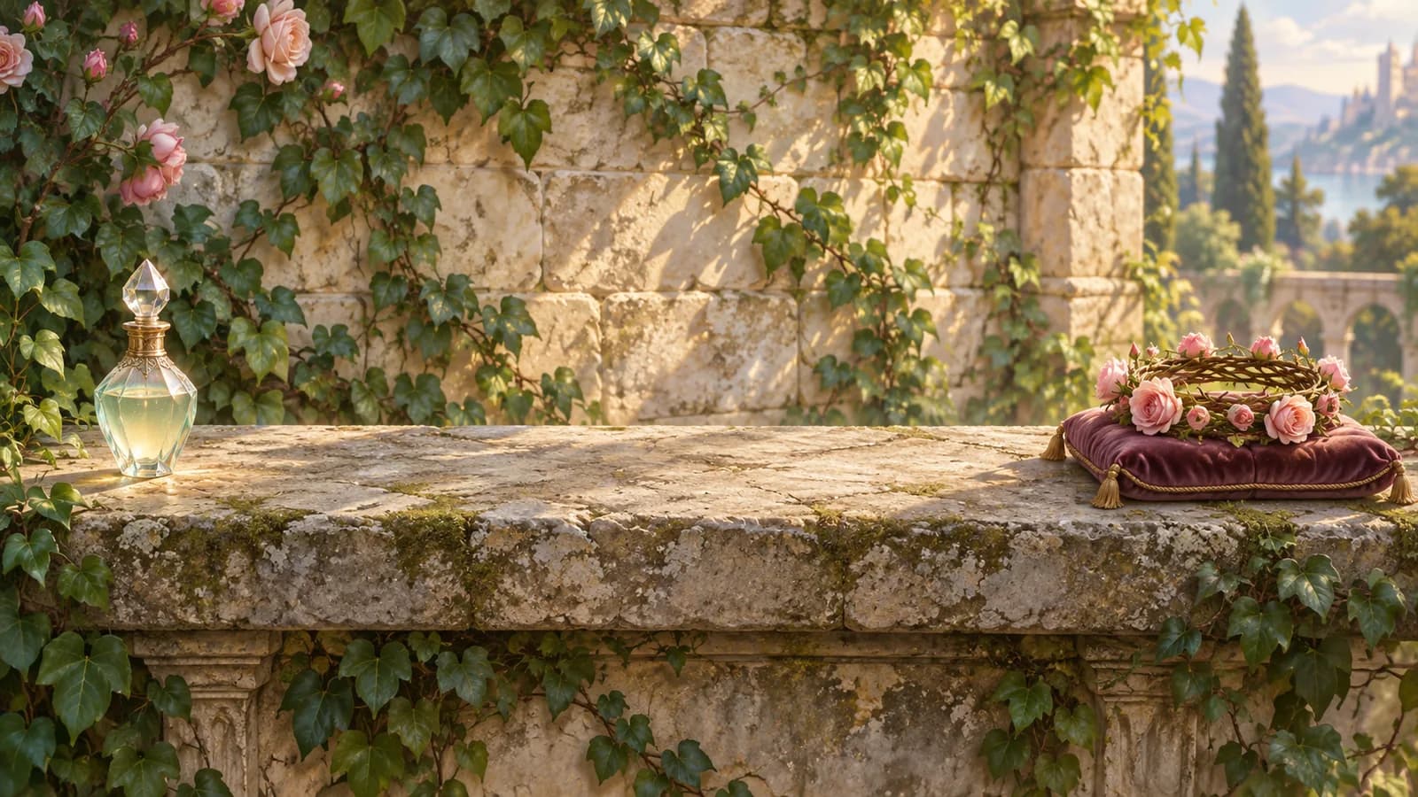 A mossy stone ledge in a walled garden with a finished faceted phial of pale scent at one end and a small pruned rose crown on a cushion at the other, with bare stone between them