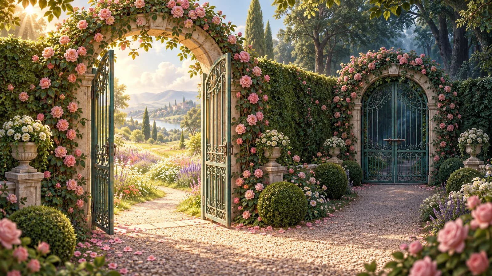 A tall clipped rose hedge with two arched gates side by side on one gravel walk, the near gate open onto a bright meadow and the far gate latched onto a darker wooded path