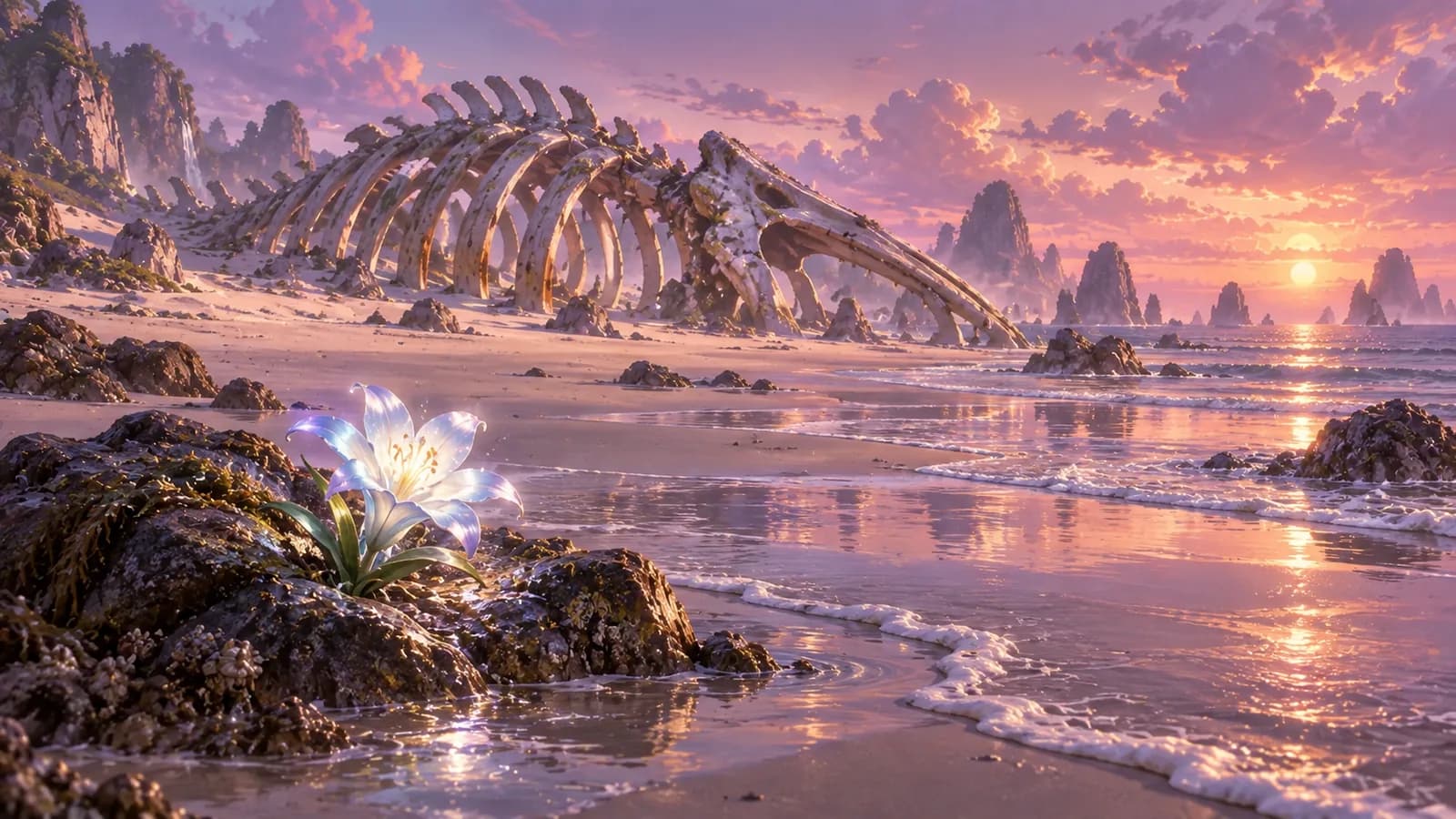 A pale beach at dusk with the arched ribs of a whale skeleton half buried behind and a single luminous blossom still growing on a low rock in the foreground