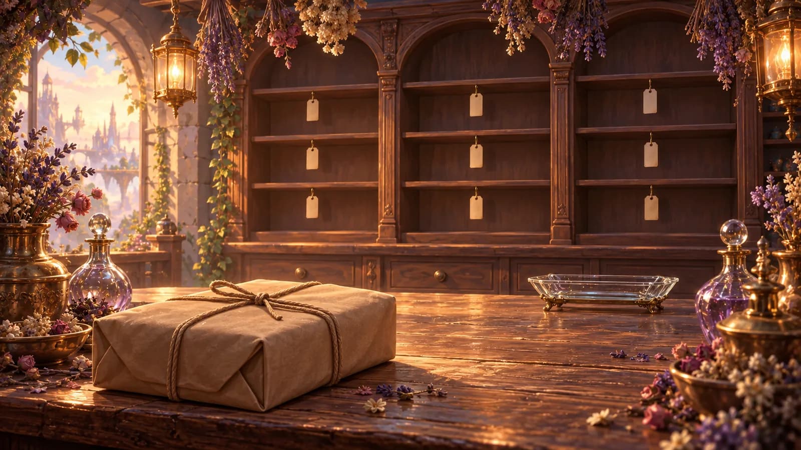 A perfumer's counter with empty labelled shelves behind, a sealed parcel still tied with cord on the near edge and an empty glass tray waiting on the far edge