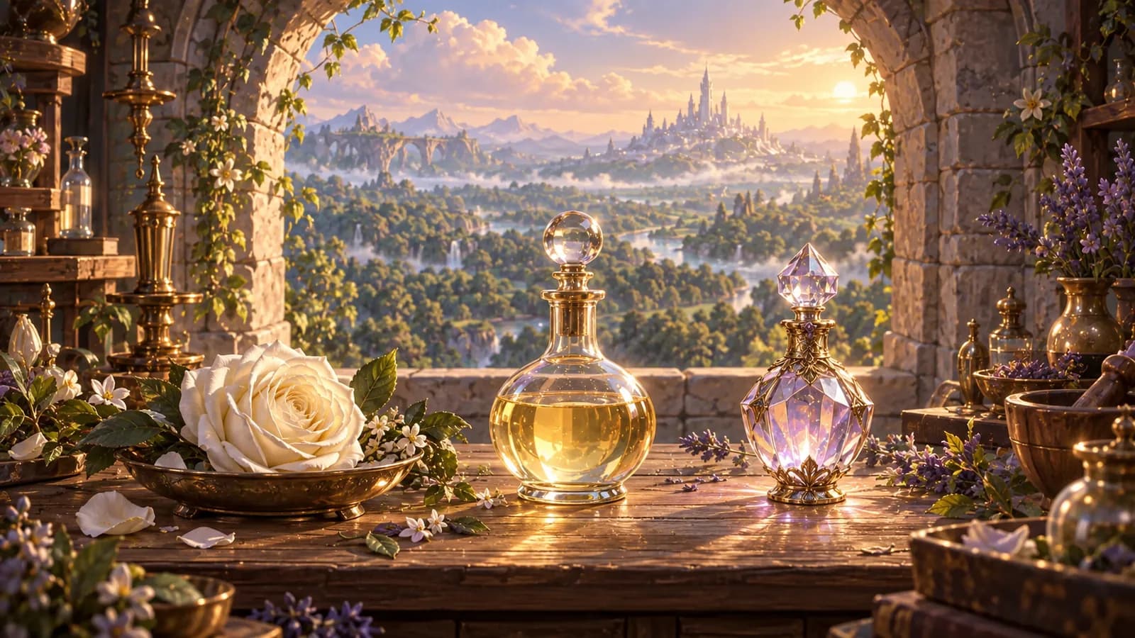 A workbench at the top of a stone tower holding a cut white rose in a shallow dish, a stoppered flask of pale nectar and a finished faceted phial, with the canopy visible through an open window