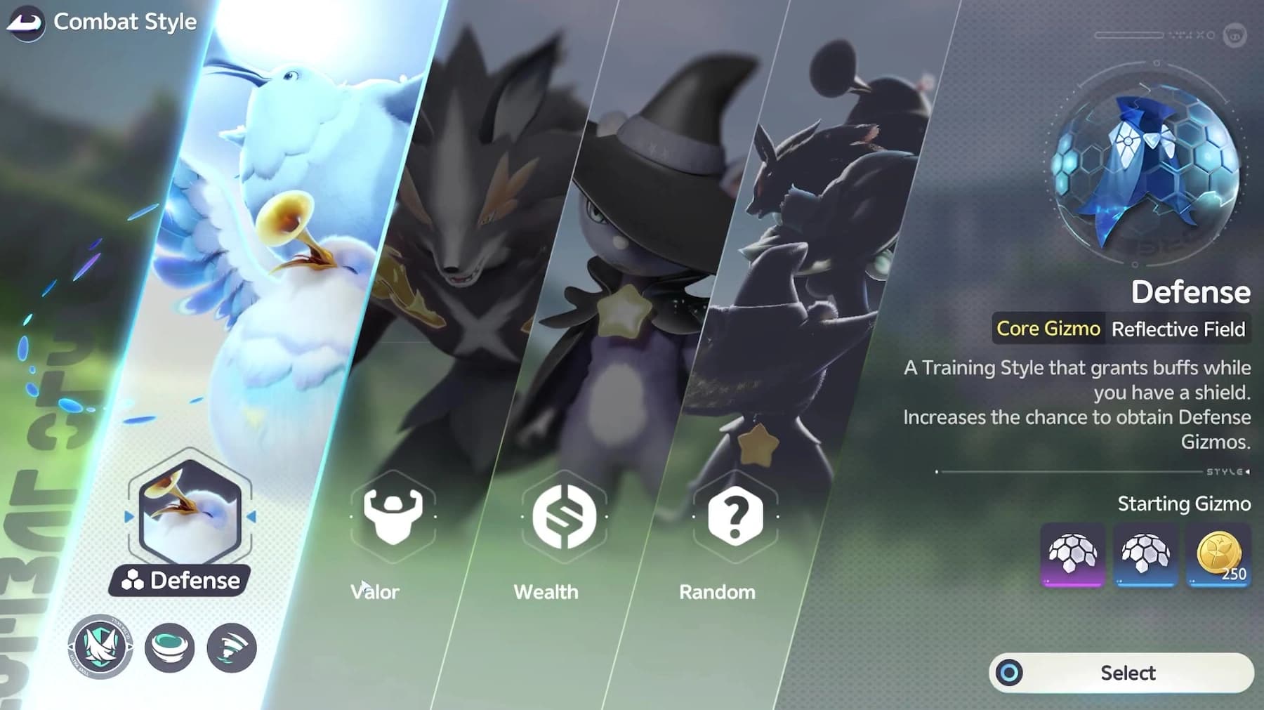 Holo-Battle Combat Style screen with Defense selected and its Reflective Field core gizmo shown