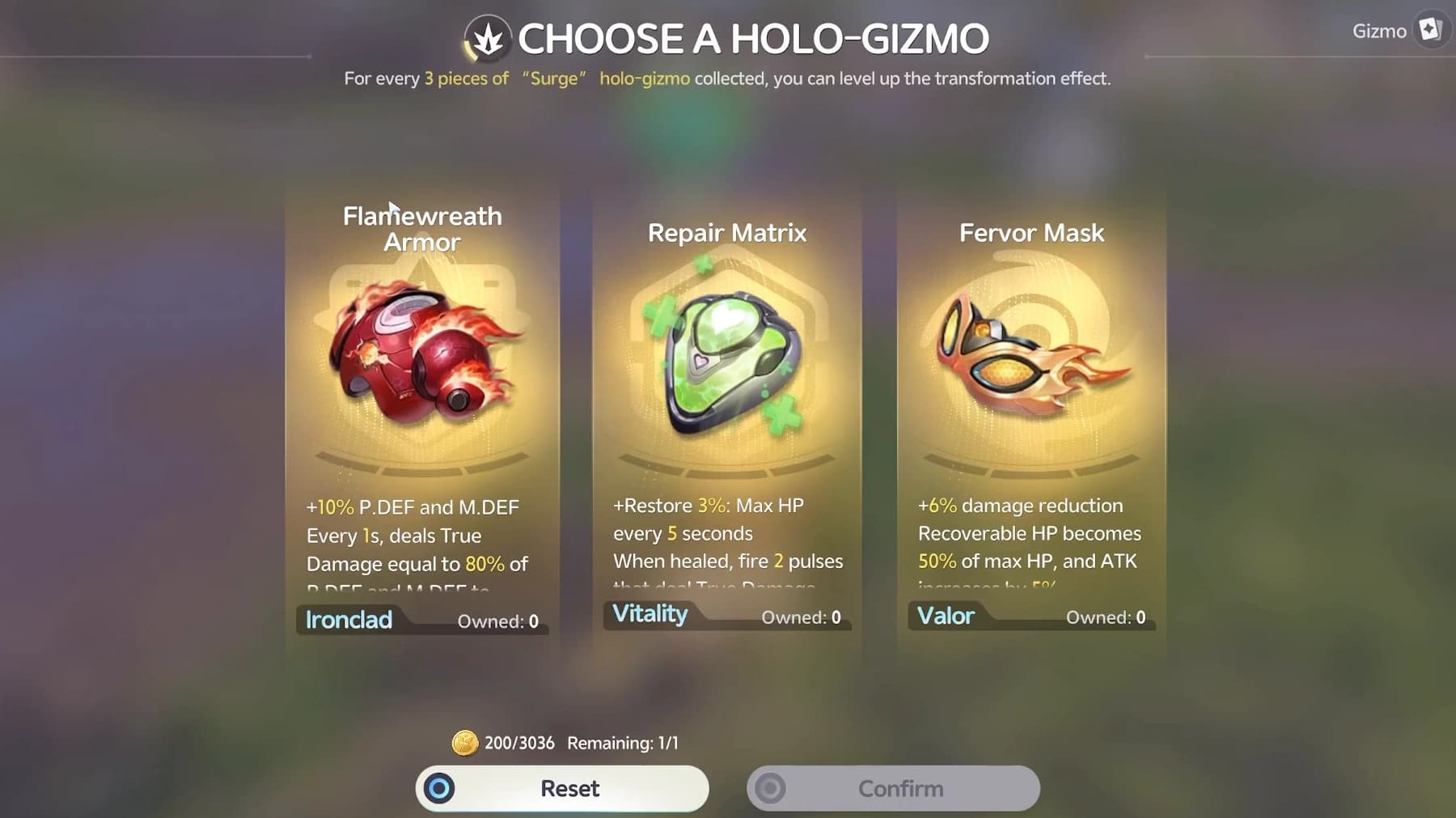 Holo-gizmo choice between Flamewreath Armor, Repair Matrix and Fervor Mask core items